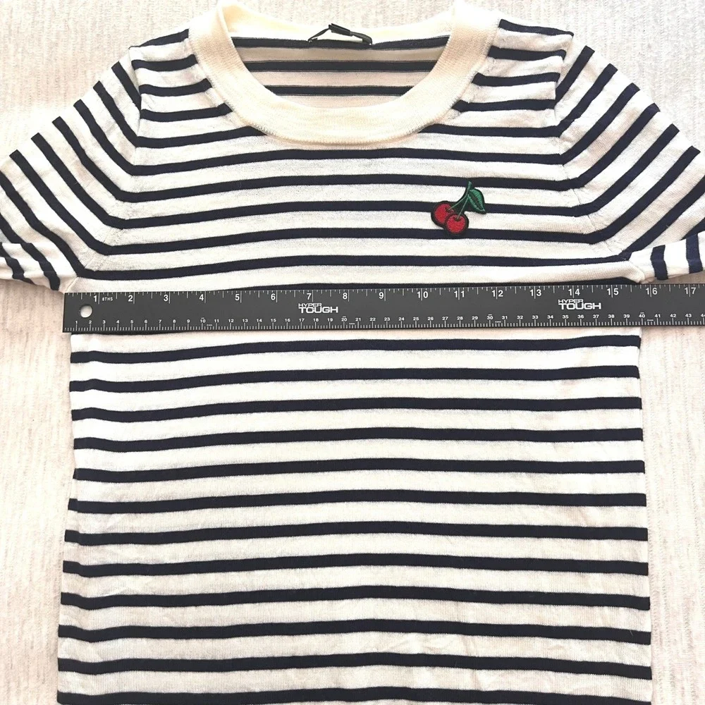 J.Crew Tippi Sweater Womens Small Merino Wool Navy Striped Cherry Patch Preppy